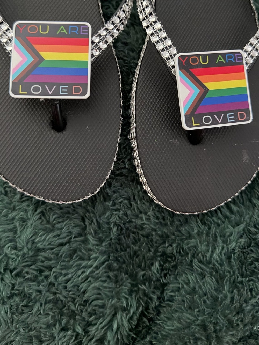 Black Flip Flop Sandals with Rainbow "You Are Loved" Charm